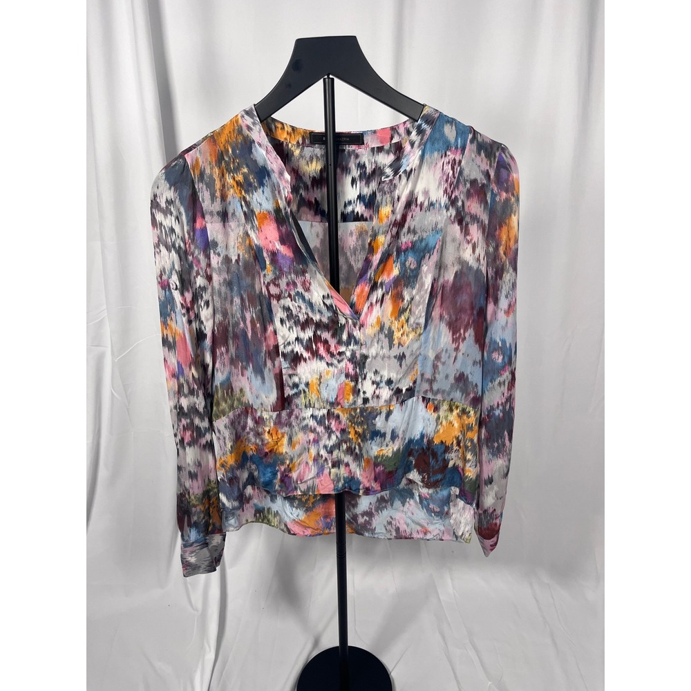 BCBGMAXAZRIA Silk Abstract Print Blouse Size Small Watercolor Long Sleeve Top